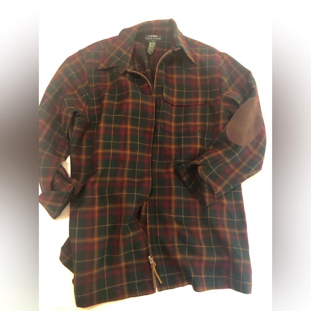Lauren Ralph Lauren wool plaid zip up shirt, leather elbow patch, EUC